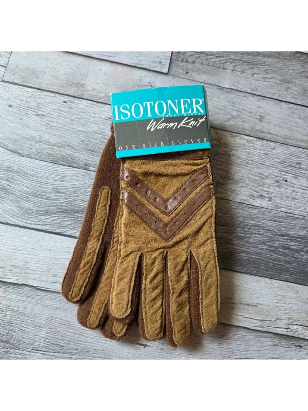 Nos Isotoner Warm Knit Gloves With Faux Suede & Leather Accents One Size Brown &